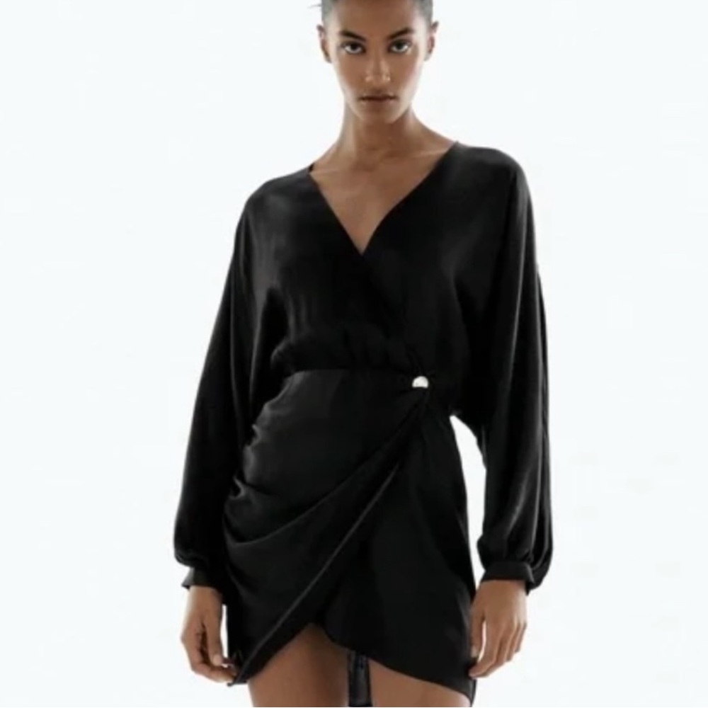 NWT Zara black satin wrap dress size small tulip skirt